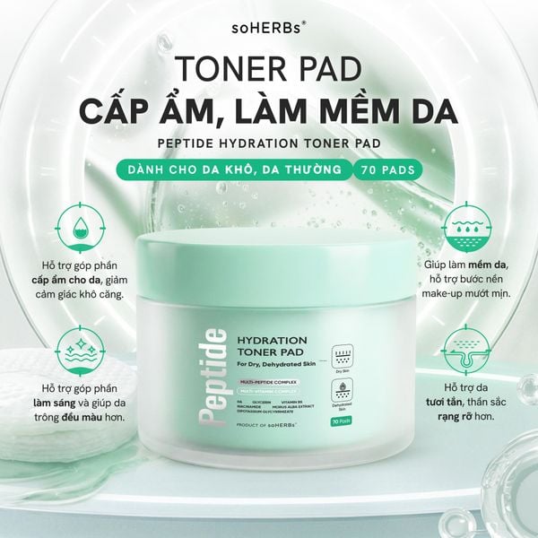  Toner Pad Peptide soHERBs 70 Miếng Hỗ Trợ Cấp Ẩm Làm Mềm Da, Giúp Tẩy Tế Bào Chết, Hỗ Trợ Giảm Dầu Và Ngăn Mụn 