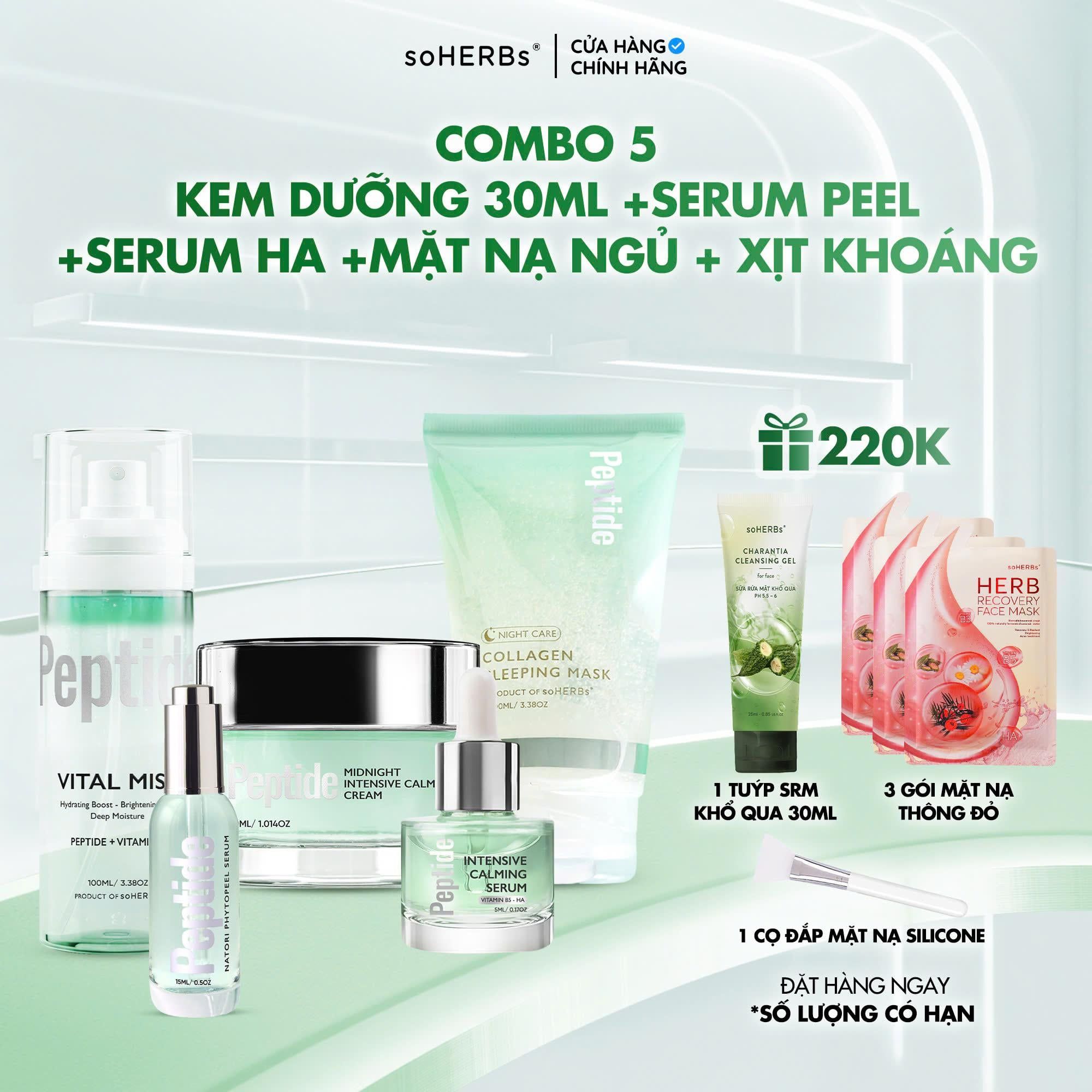  Combo Căng Bóng : Xịt Dưỡng 100ml + Serum Peel 15ml + Serum HAB5 20ML+ Kem Dưỡng Chuyên Sâu + Mặt Nạ Ngủ Collagen 100ml - Hỗ Trợ Cấp Ẩm , Căng Bóng, Dưỡng Sáng, Giúp Da Đều Màu Và Cải Thiện Lỗ Chân Lông Skincare - Nữ, Women 