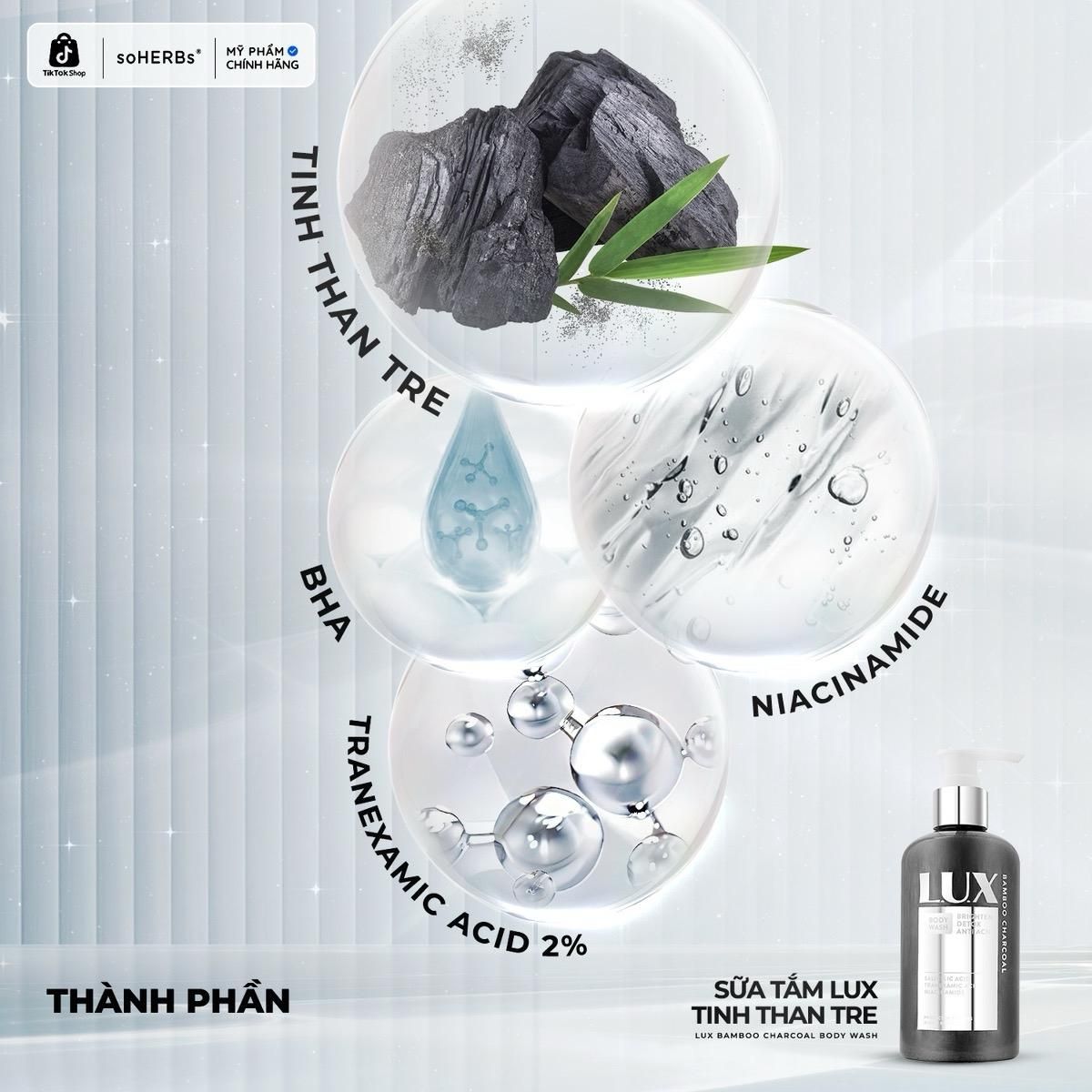  Sữa Tắm LUX Tinh Chất Than Tre 250ml [Quà Tặng: 1 Gói TTBC + 1 Bông Tắm] Giúp Dưỡng Body Dưỡng Sáng Da Làm Mờ Vết Thâm Đều Màu Da 