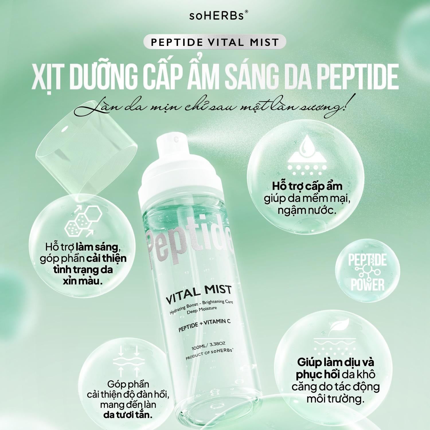  Xịt Dưỡng Cấp Ẩm Sáng Da Peptide soHERBs 100ml Hỗ Trợ Cải Thiện Tình Trạng Khô Da, Cấp Ẩm Cho Da, Giúp Làm Dịu Và Phục Hồi Da Skincare Chăm Sóc Da 