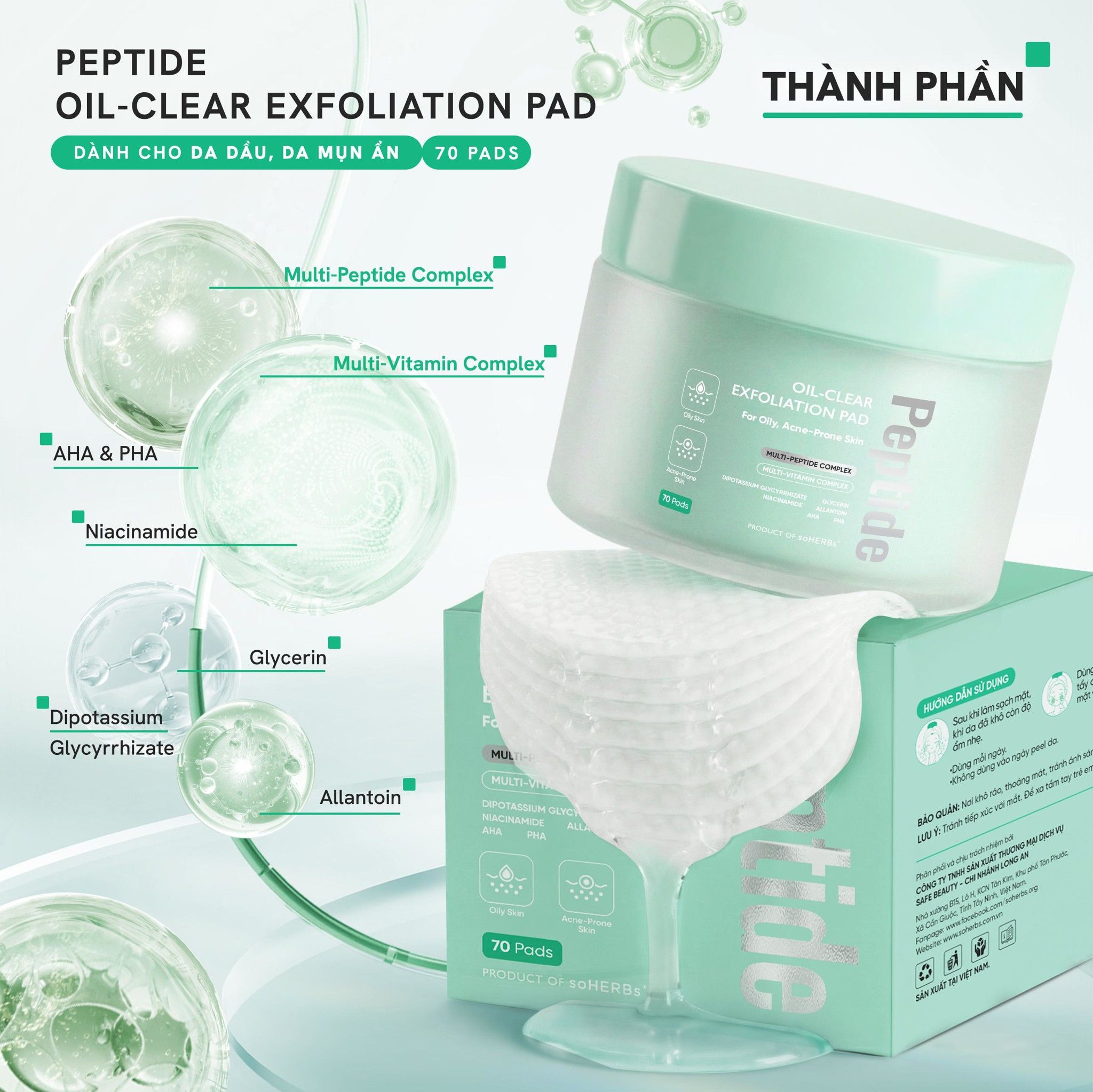  Toner Pad Peptide soHERBs 70 Miếng Hỗ Trợ Cấp Ẩm Làm Mềm Da, Giúp Tẩy Tế Bào Chết, Hỗ Trợ Giảm Dầu Và Ngăn Mụn 