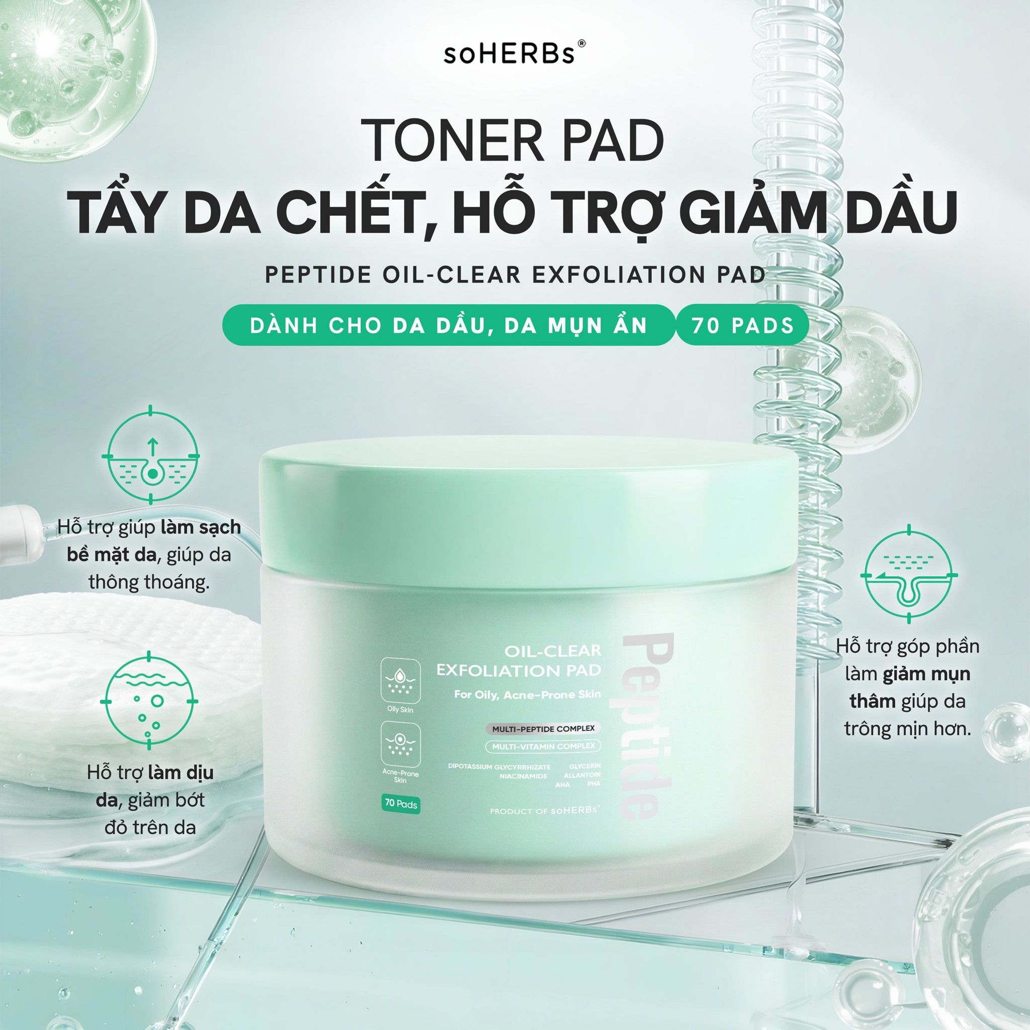  Toner Pad Peptide soHERBs 70 Miếng Hỗ Trợ Cấp Ẩm Làm Mềm Da, Giúp Tẩy Tế Bào Chết, Hỗ Trợ Giảm Dầu Và Ngăn Mụn 