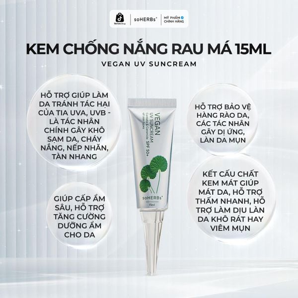  soHERBs - Kem Chống Nắng Vegan Size S (Nhỏ) - Tặng 1 Gói Sữa Rửa Mặt Khổ Qua Kem dưỡng da SPF 50 