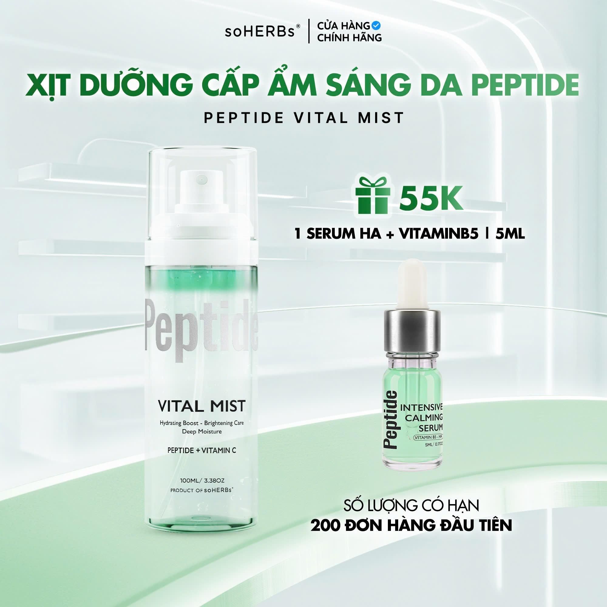  Xịt Dưỡng Cấp Ẩm Sáng Da Peptide soHERBs 100ml Hỗ Trợ Cải Thiện Tình Trạng Khô Da, Cấp Ẩm Cho Da, Giúp Làm Dịu Và Phục Hồi Da Skincare Chăm Sóc Da 