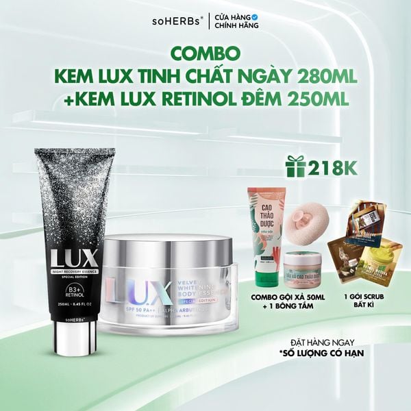  Kem LUX Retinol 250ml + Kem LUX Tinh Chất Ngày 250ml [Quà Tặng: 1 Combo Gội Xả Cao Thảo Dược Mini + 1 Bông Tắm + 1 Scrub] Giúp Dưỡng Da Sáng Mịn Đều Màu Skincare 
