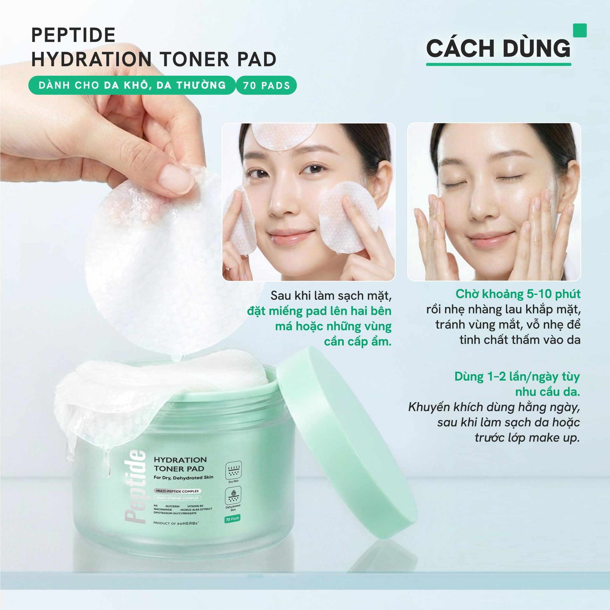  Toner Pad Peptide soHERBs 70 Miếng Hỗ Trợ Cấp Ẩm Làm Mềm Da, Giúp Tẩy Tế Bào Chết, Hỗ Trợ Giảm Dầu Và Ngăn Mụn 