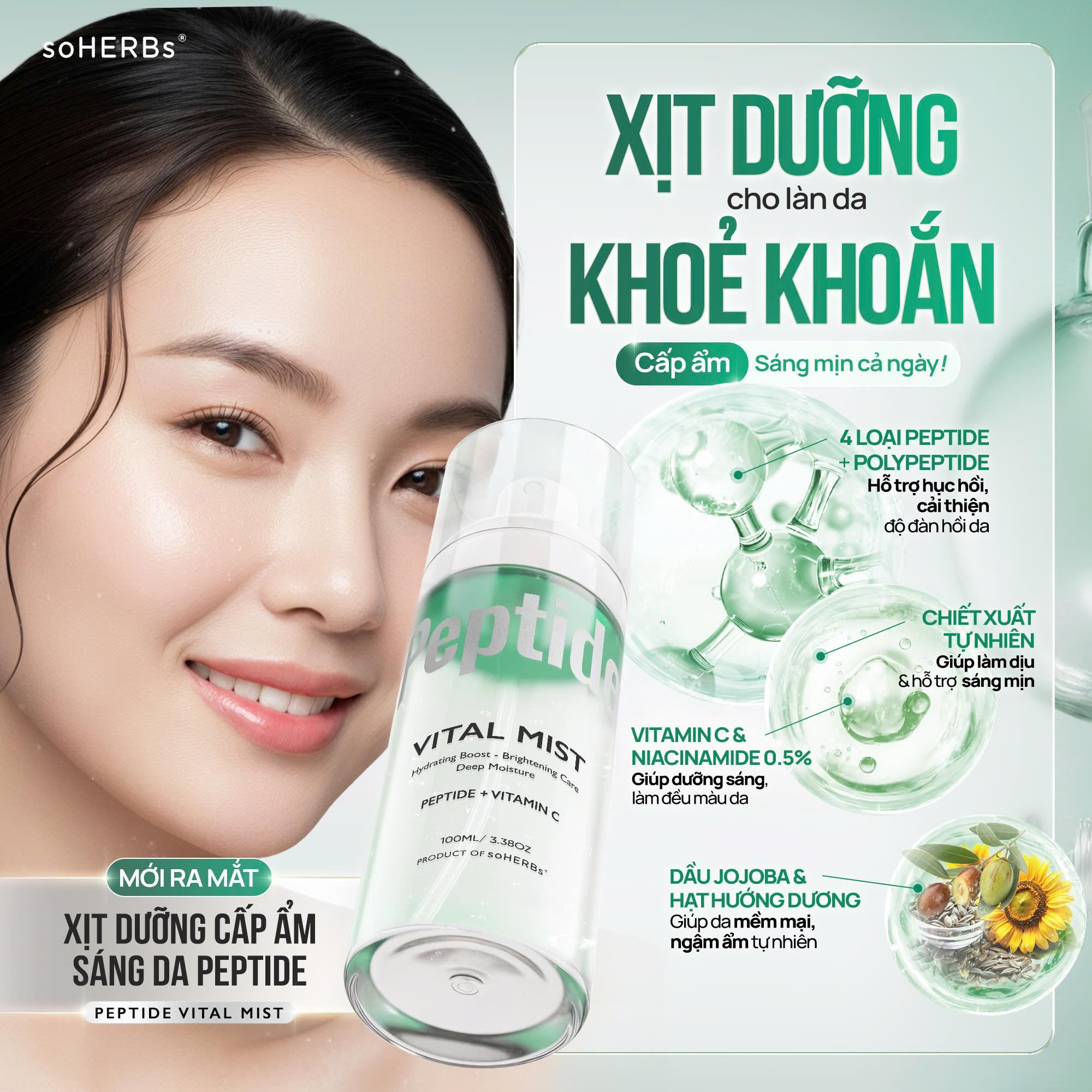  Xịt Dưỡng Cấp Ẩm Sáng Da Peptide soHERBs 100ml Hỗ Trợ Cải Thiện Tình Trạng Khô Da, Cấp Ẩm Cho Da, Giúp Làm Dịu Và Phục Hồi Da Skincare Chăm Sóc Da 