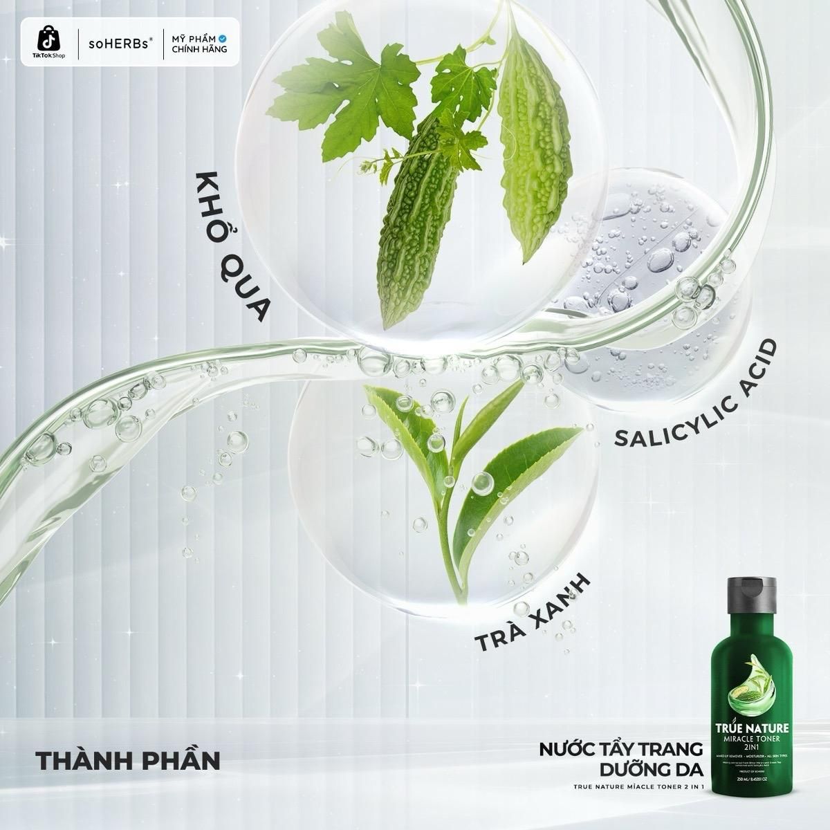  soHERBs - Toner Tẩy Trang 2in1 Khổ Qua Trà Xanh Dành Cho Da Mụn 100ml/250ml [Kèm Quà Tặng] 