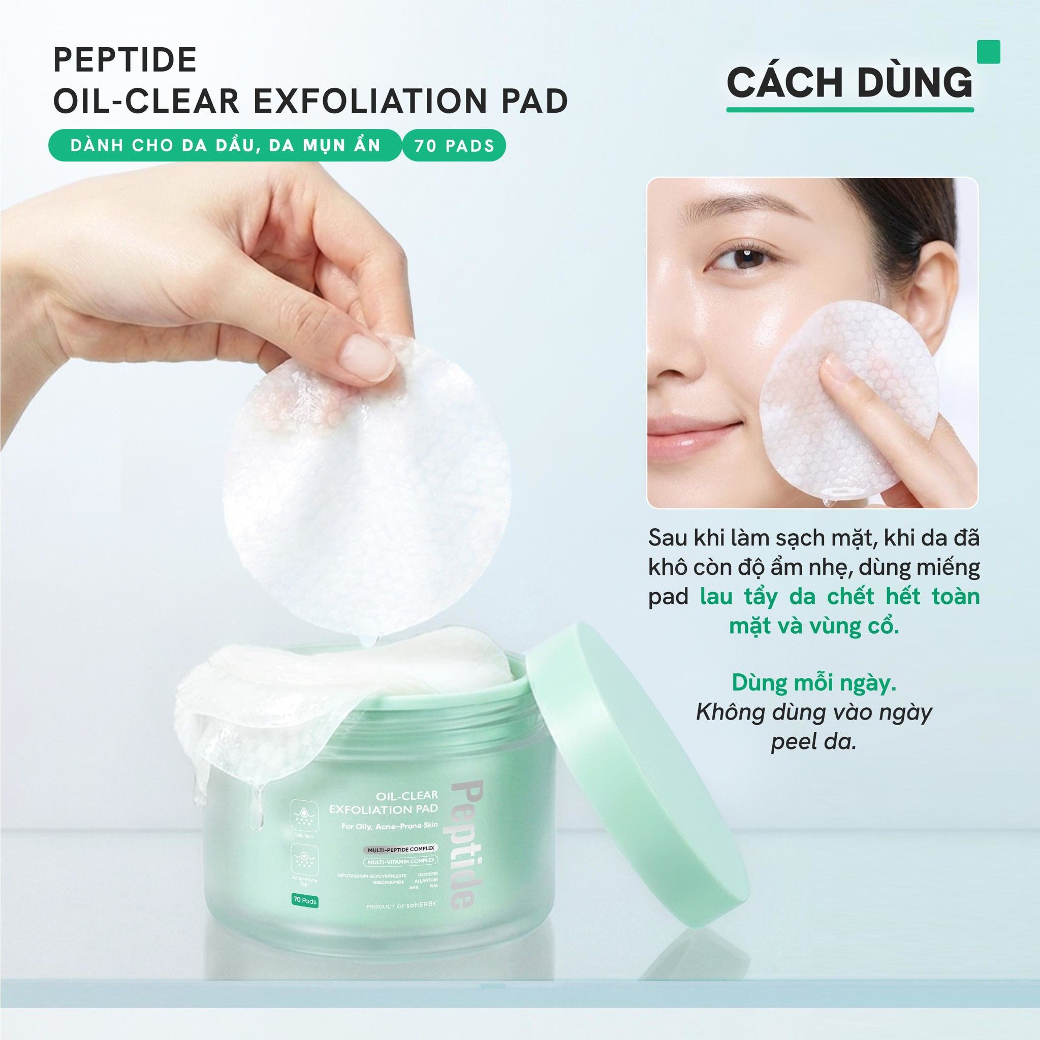  Toner Pad Peptide soHERBs 70 Miếng Hỗ Trợ Cấp Ẩm Làm Mềm Da, Giúp Tẩy Tế Bào Chết, Hỗ Trợ Giảm Dầu Và Ngăn Mụn 