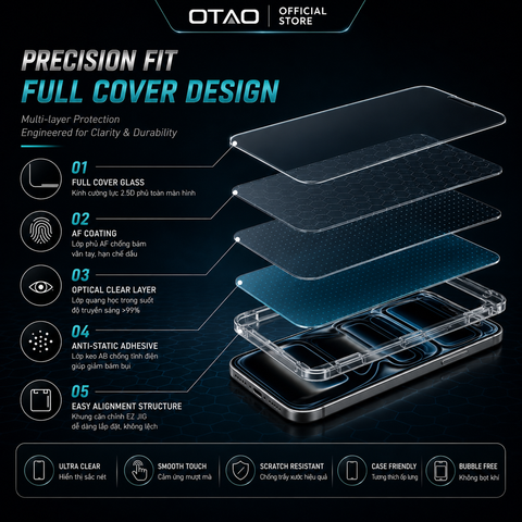  Kính Cường Lực OTAO 2.5D Clear Glass , Chống Trầy Xước, Hạn Chế Vân Tay , Độ Trong Suốt Cao 