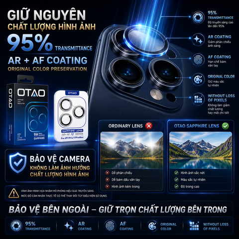  Kính Bảo Vệ Camera OTAO GIA Sapphire Cho iPhone 17Pro /17ProMax | Mohs 9, AR Coating 