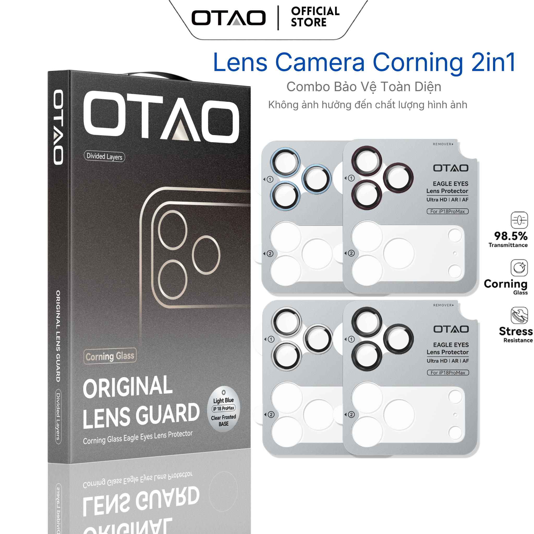  Lens Bảo Vệ Camera 2in1 OTAO Corning Glass AR+AF UHD 98.5% Cho iPhone 18Pro/18Promax 