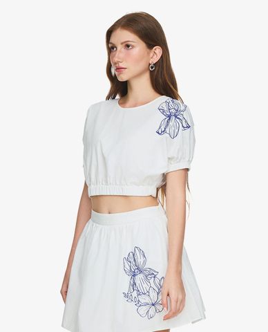  GIGI - Áo croptop nữ cổ tròn tay ngắn bo chun phối họa tiết hoa 