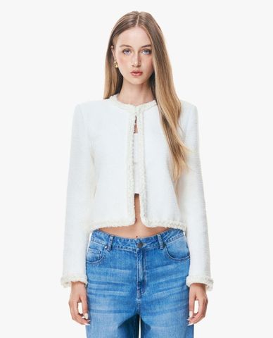  GIGI - Áo khoác croptop nữ cổ tròn tay dài phối viền 