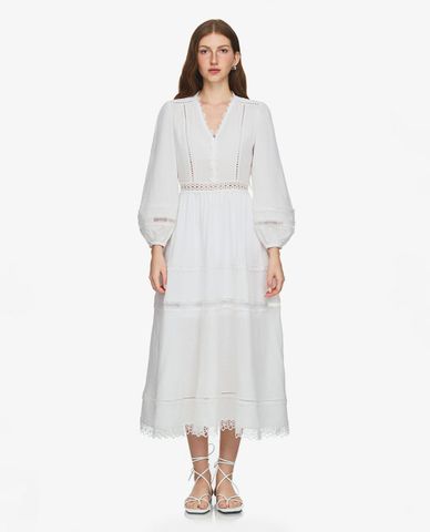  GIGI - Đầm xếp tầng midi cổ V tay phồng 