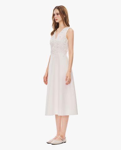  GIGI - Đầm sát nách midi cổ V phối ren 