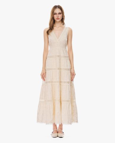  GIGI - Đầm sát nách midi xếp tầng phối ren 