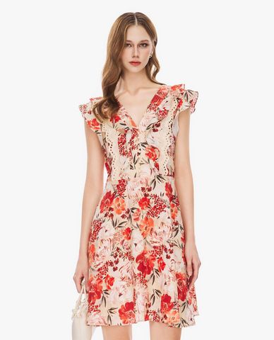  GIGI - Đầm sát nách mini cổ V phối bèo họa tiết hoa 