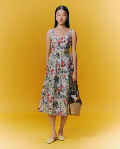  GIGI - Đầm sát nách midi phối hoạ tiết hoa thời trang 