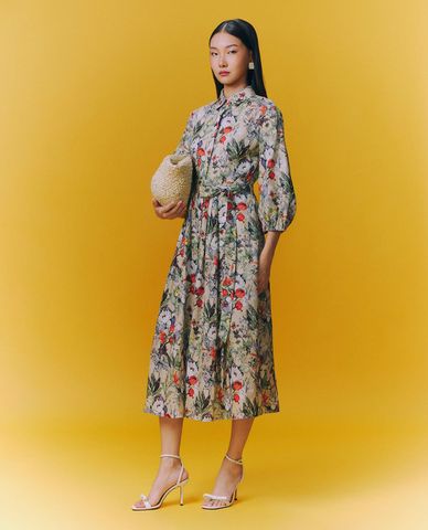  GIGI - Đầm sơ mi midi tay dài phối hoạ tiết hoa thanh lịch 
