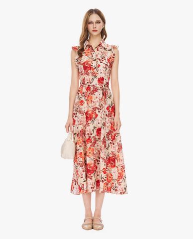  GIGI - Đầm sát nách midi cổ bẻ phối bèo 