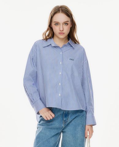  GIGI - Áo sơ mi nữ cổ bẻ tay dài kẻ sọc thêu logo 