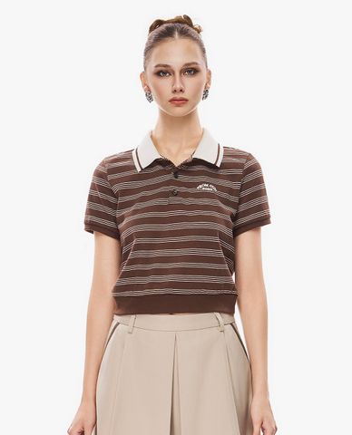  GIGI - Áo croptop nữ cổ bẻ tay ngắn kẻ sọc 