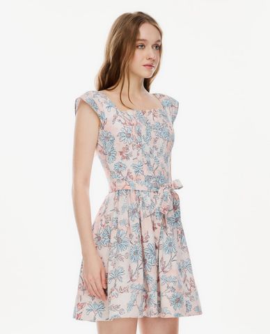  GIGI - Đầm mini cổ vuông in họa tiết phối đai lưng 