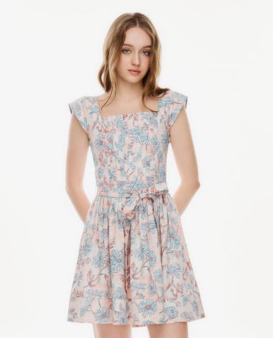  GIGI - Đầm mini cổ vuông in họa tiết phối đai lưng 