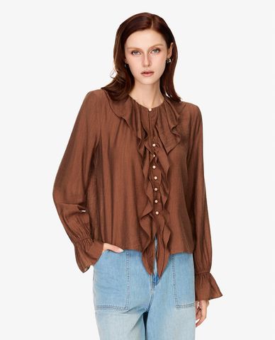  GIGI - Áo kiểu nữ cổ tròn tay dài phối bèo 