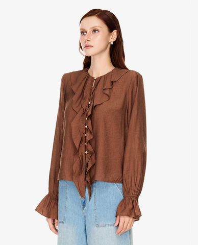  GIGI - Áo kiểu nữ cổ tròn tay dài phối bèo 