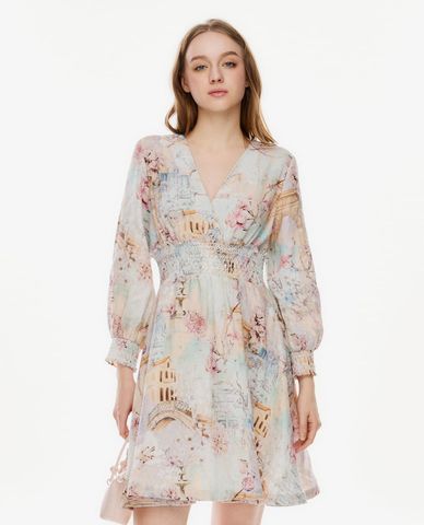  GIGI - Đầm mini cổ V tay dài in họa tiết 