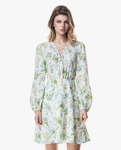  GIGI - Đầm mini cổ V đan dây tay phồng in hoa 