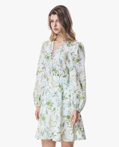  GIGI - Đầm mini cổ V đan dây tay phồng in hoa 