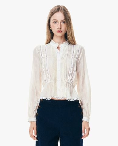  GIGI - Áo kiểu nữ cổ bèo tay dài phối ren thắt eo 