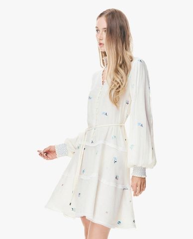  GIGI - Đầm mini cổ V tay dài họa tiết hoa nhún bèo 