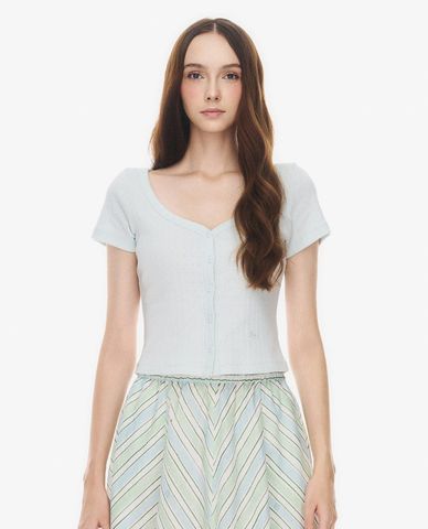  GIGI - Áo croptop nữ dệt kim cổ tim tay ngắn phối nút 