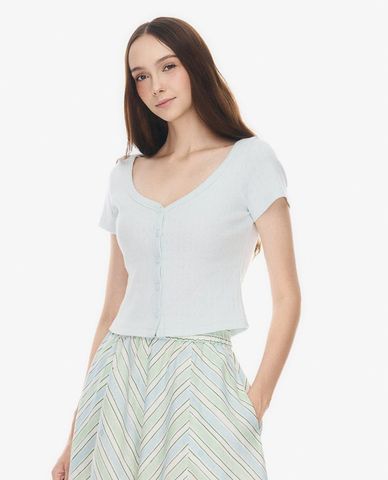  GIGI - Áo croptop nữ dệt kim cổ tim tay ngắn phối nút 