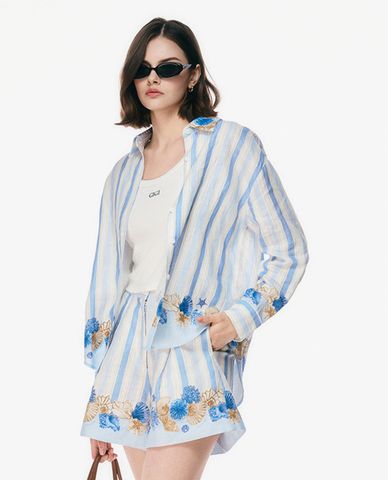  GIGI - Áo sơ mi nữ tay dài kẻ sọc họa tiết phối viền 