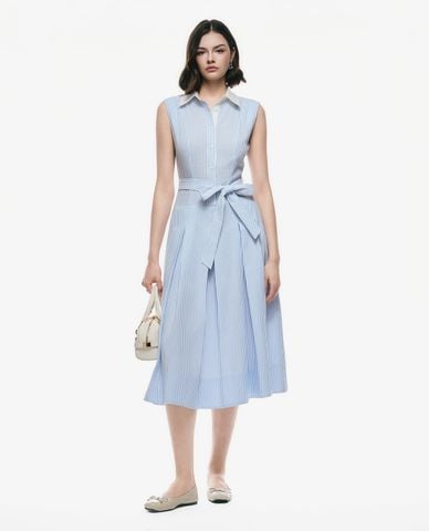  GIGI - Đầm sát nách midi cổ sơ mi kẻ sọc 