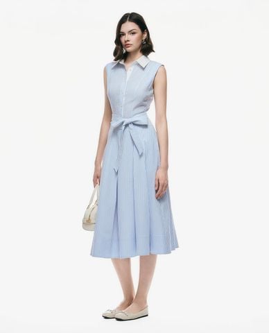  GIGI - Đầm sát nách midi cổ sơ mi kẻ sọc 