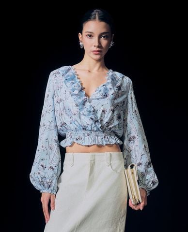  GIGI - Áo kiểu nữ cổ V tay dài phom croptop phối hoạ tiết hoa 