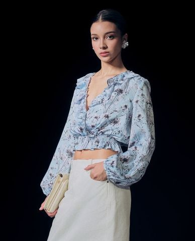  GIGI - Áo kiểu nữ cổ V tay dài phom croptop phối hoạ tiết hoa 