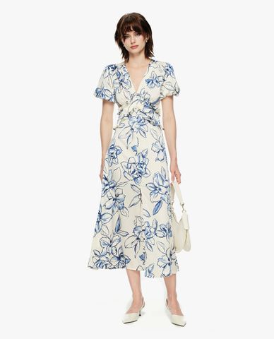  GIGI - Đầm midi cổ V tay phồng xẻ tà in hoa 