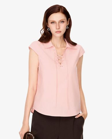  GIGI - Áo kiểu nữ cổ bẻ tay ngắn phối dây rút 