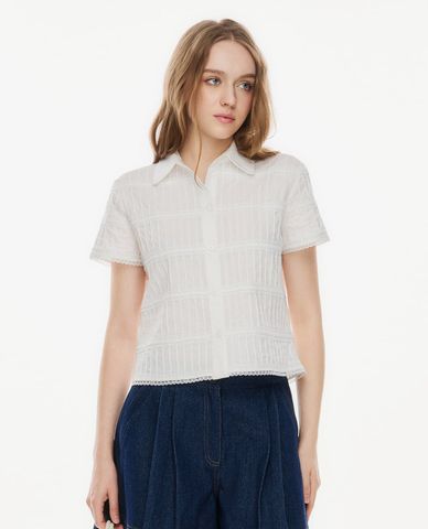  GIGI - Áo sơ mi nữ cổ bẻ tay ngắn dập ly viền ren 