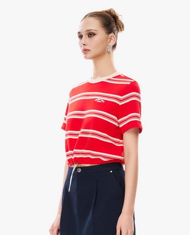  GIGI - Áo croptop nữ cổ tròn kẻ sọc phối dây rút 