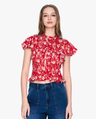  GIGI - Áo kiểu nữ cổ tròn tay ngắn phối hoạ tiết hoa hiện đại 