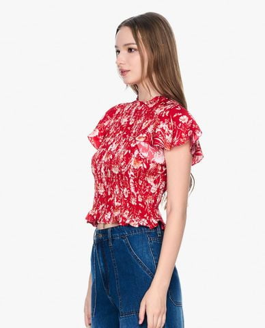  GIGI - Áo kiểu nữ cổ tròn tay ngắn phối hoạ tiết hoa hiện đại 