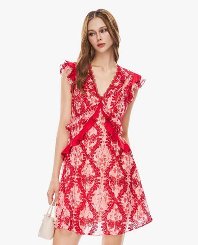  GIGI - Đầm sát nách mini cổ V phối ren 